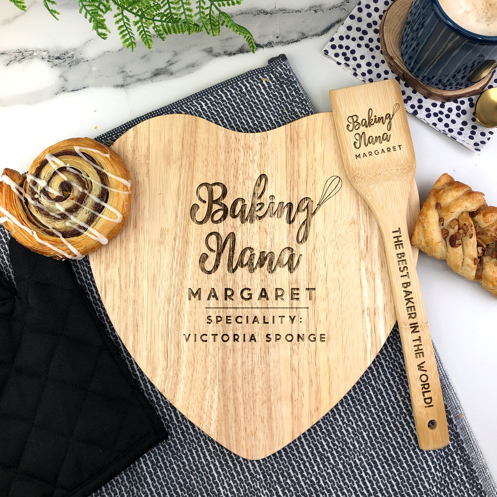 Personalised 'Baking Nana' Baking Set - Wooden Heart Cake Board & Spatula