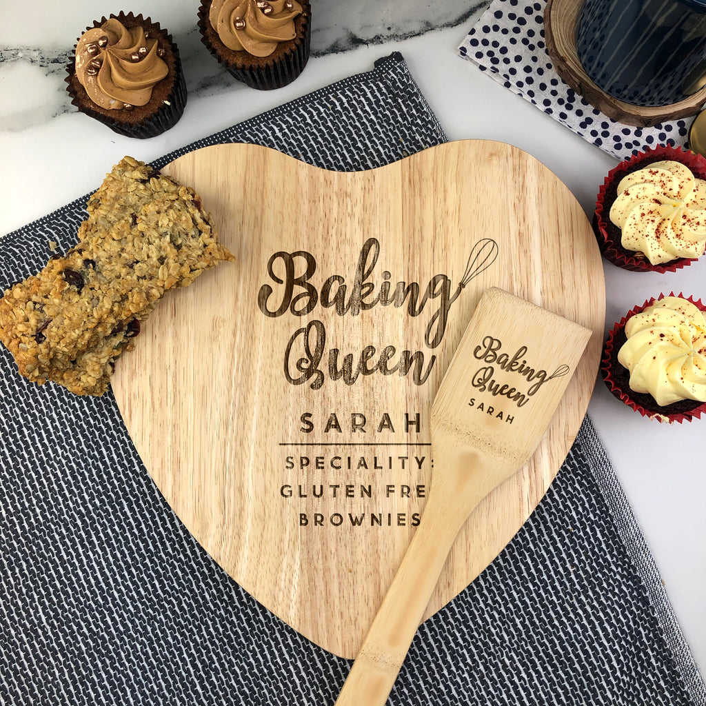 Personalised 'Baking Queen' Baking Set - Wooden Heart Cake Board & Spatula