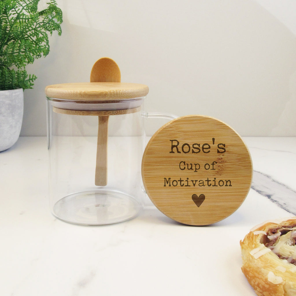 Personalised Glass 'Cup of Motivation' Coffee Mug with Engraved Bamboo Lid & Spoon