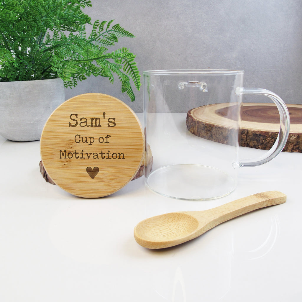 Personalised Glass 'Cup of Motivation' Coffee Mug with Engraved Bamboo Lid & Spoon