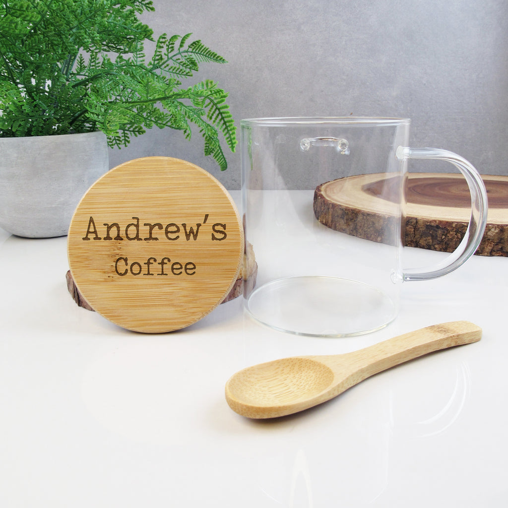 Personalised Borosilicate Glass Coffee Mug with Polished Bamboo Lid & Spoon - Any Name