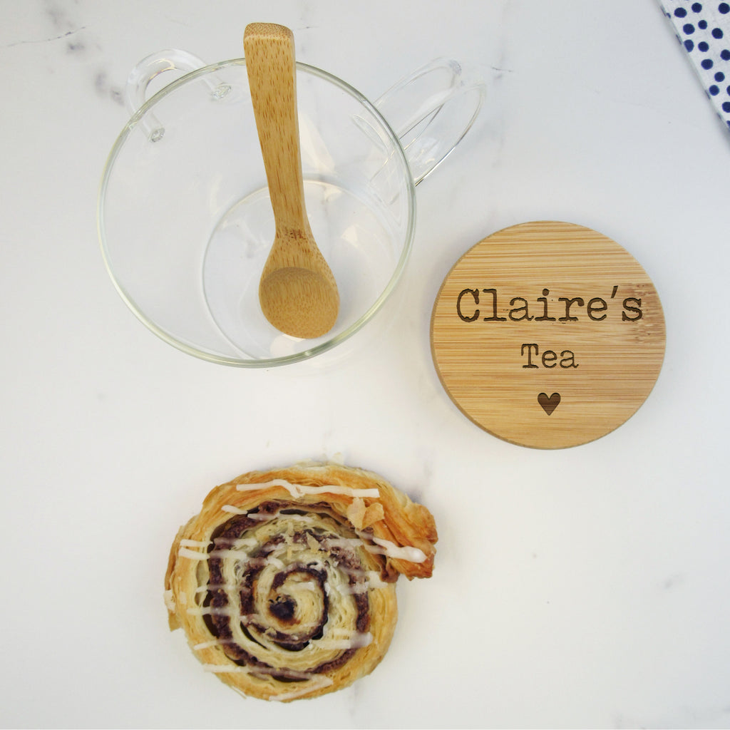 Personalised Borosilicate Glass Tea Mug with Polished Bamboo Lid & Spoon - Any Name