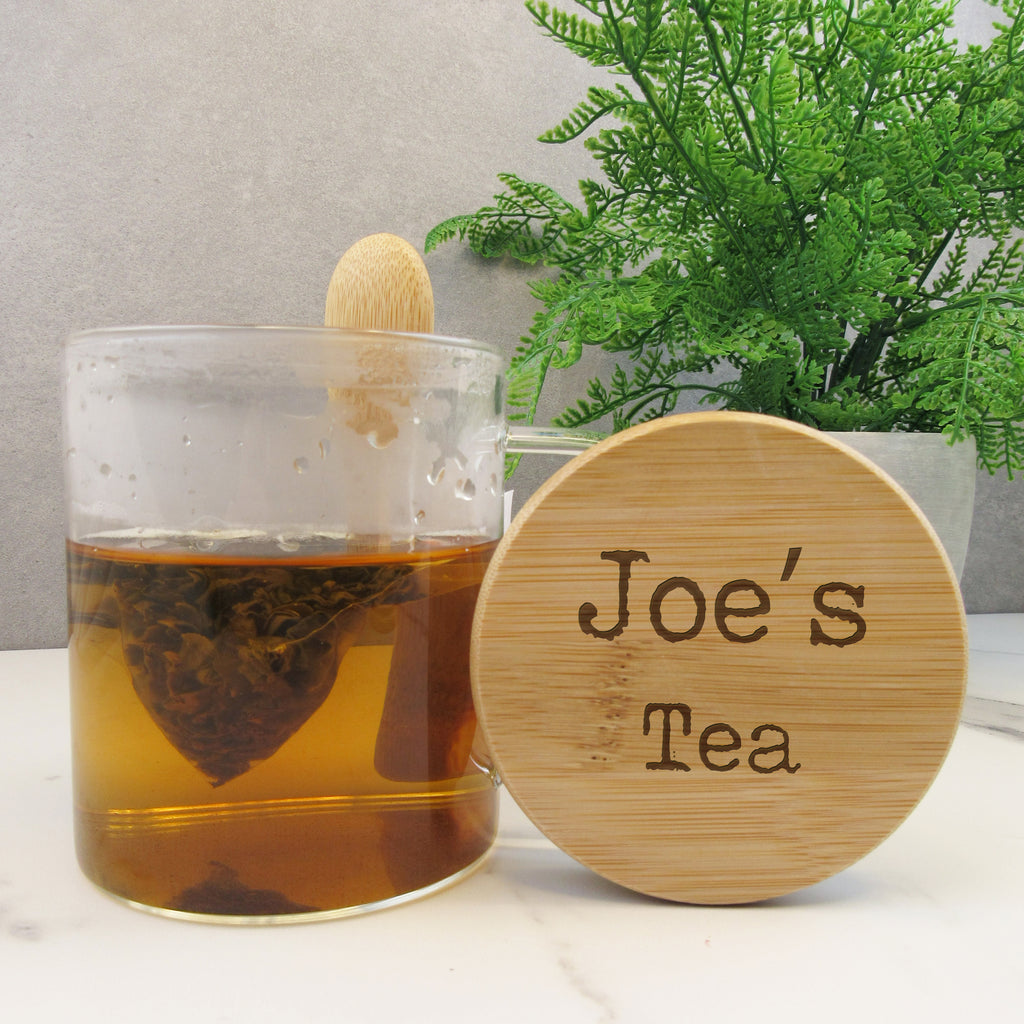 Personalised Borosilicate Glass Tea Mug with Polished Bamboo Lid & Spoon - Any Name