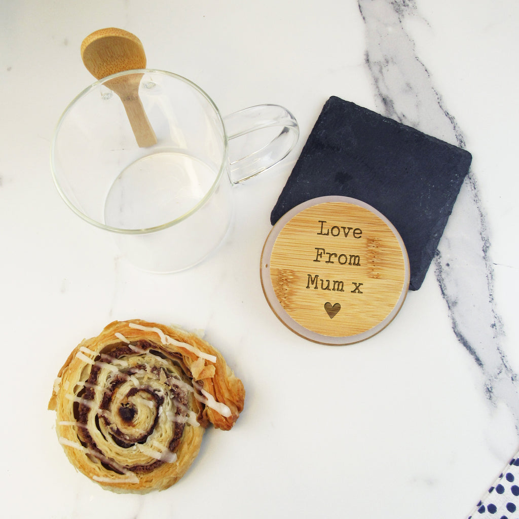 Personalised Borosilicate Glass Tea Mug with Polished Bamboo Lid & Spoon - Any Name