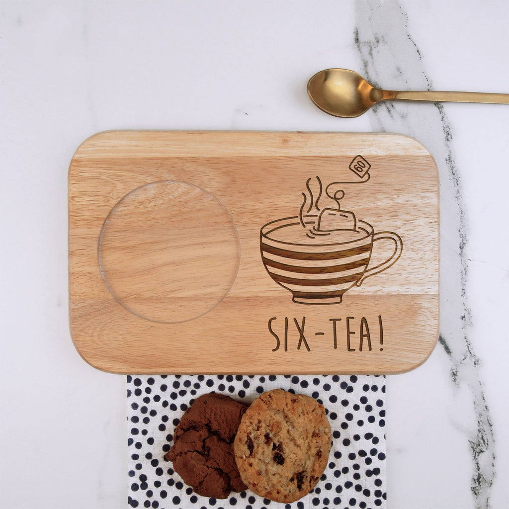 Wooden Tea & Biscuit Board "SIX-TEA" Design, 60th Birthday Gift for Him