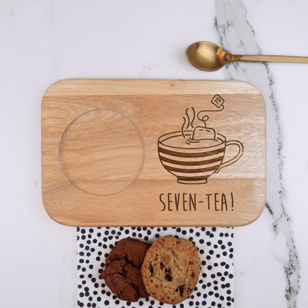 Wooden Tea & Biscuit Board "SEVEN-TEA" Design, 70th Birthday Gift for Him