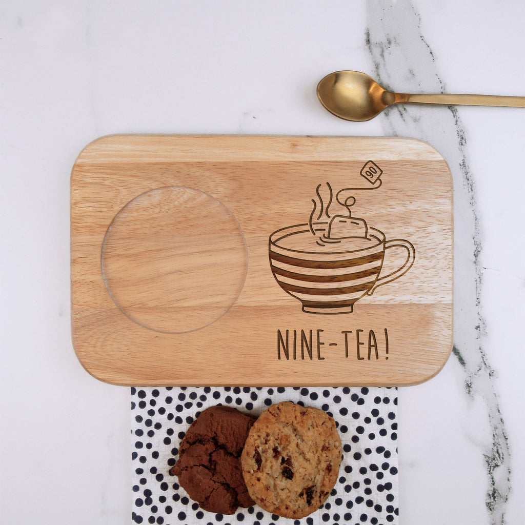 Wooden Tea & Biscuit Board "NINE-TEA" Design, 90th Birthday Gift for Him