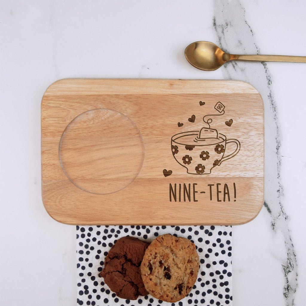 Engraved Tea & Biscuit Board, "NINE-TEA" Design, 90th Birthday Gift