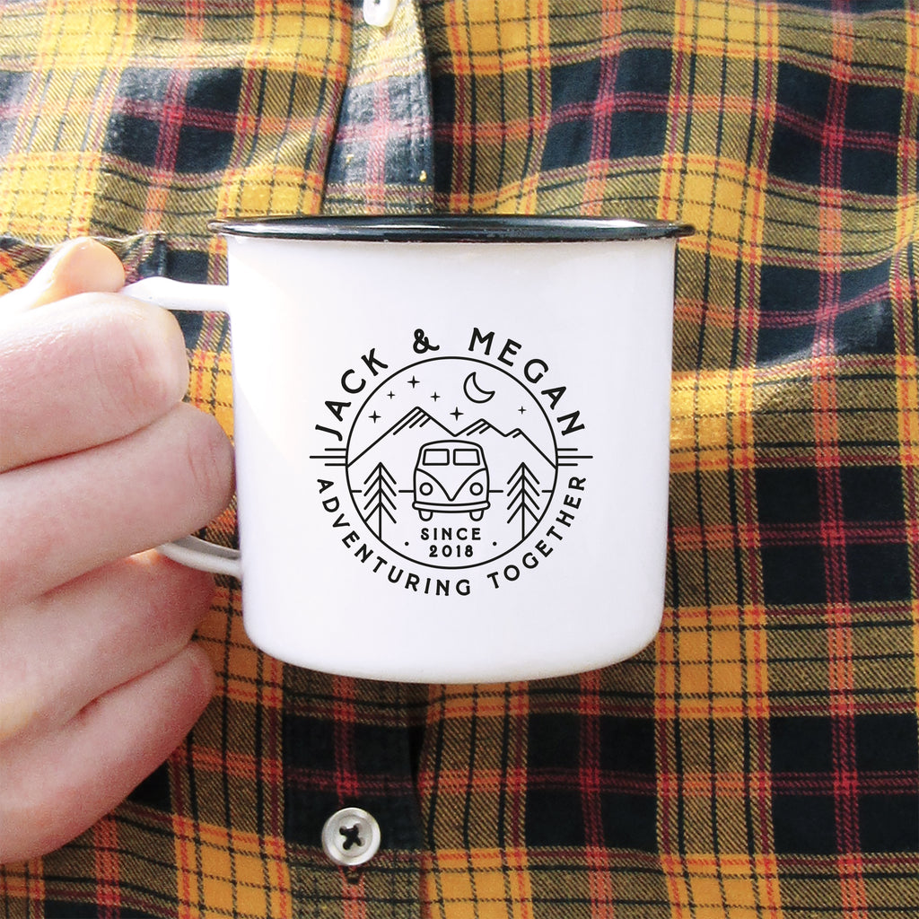 Personalised 'Adventuring Together' Camper Van Mug, 13 oz Metal Enamel Mug