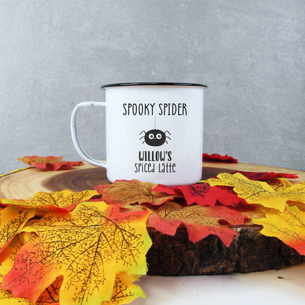 Personalised 'Spooky Spider' Mug, 13 oz Metal Enamel Mug