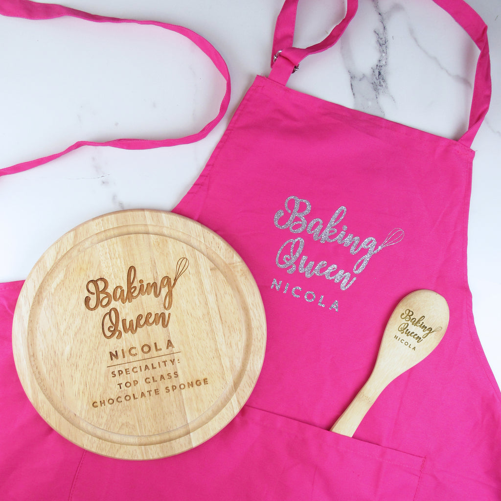 Personalised Adult 'Baking Queen' Set - Pink Apron, Wooden 25cm Board & Mixing Spoon