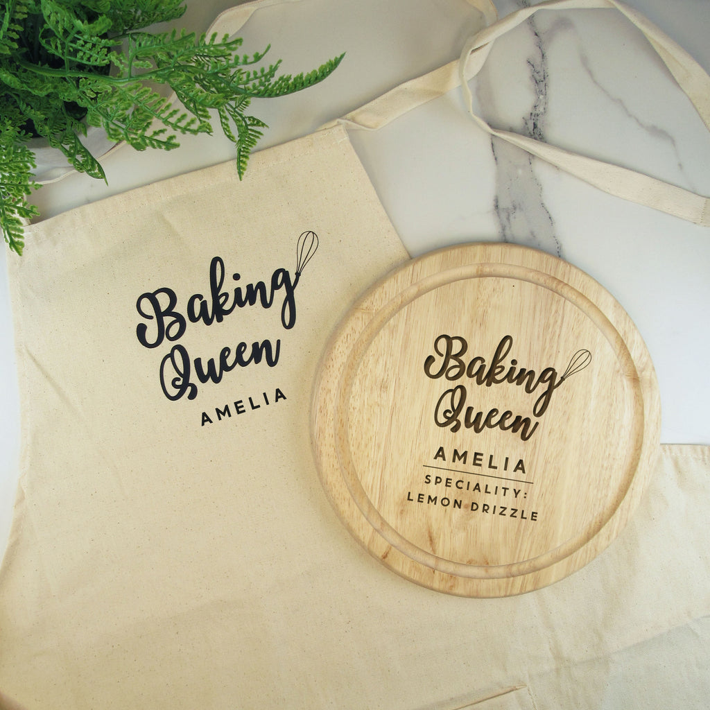 Personalised Adults 'Baking Queen' Set - Natural Organic Cotton Apron, Wooden 25cm Board & Mixing Spoon