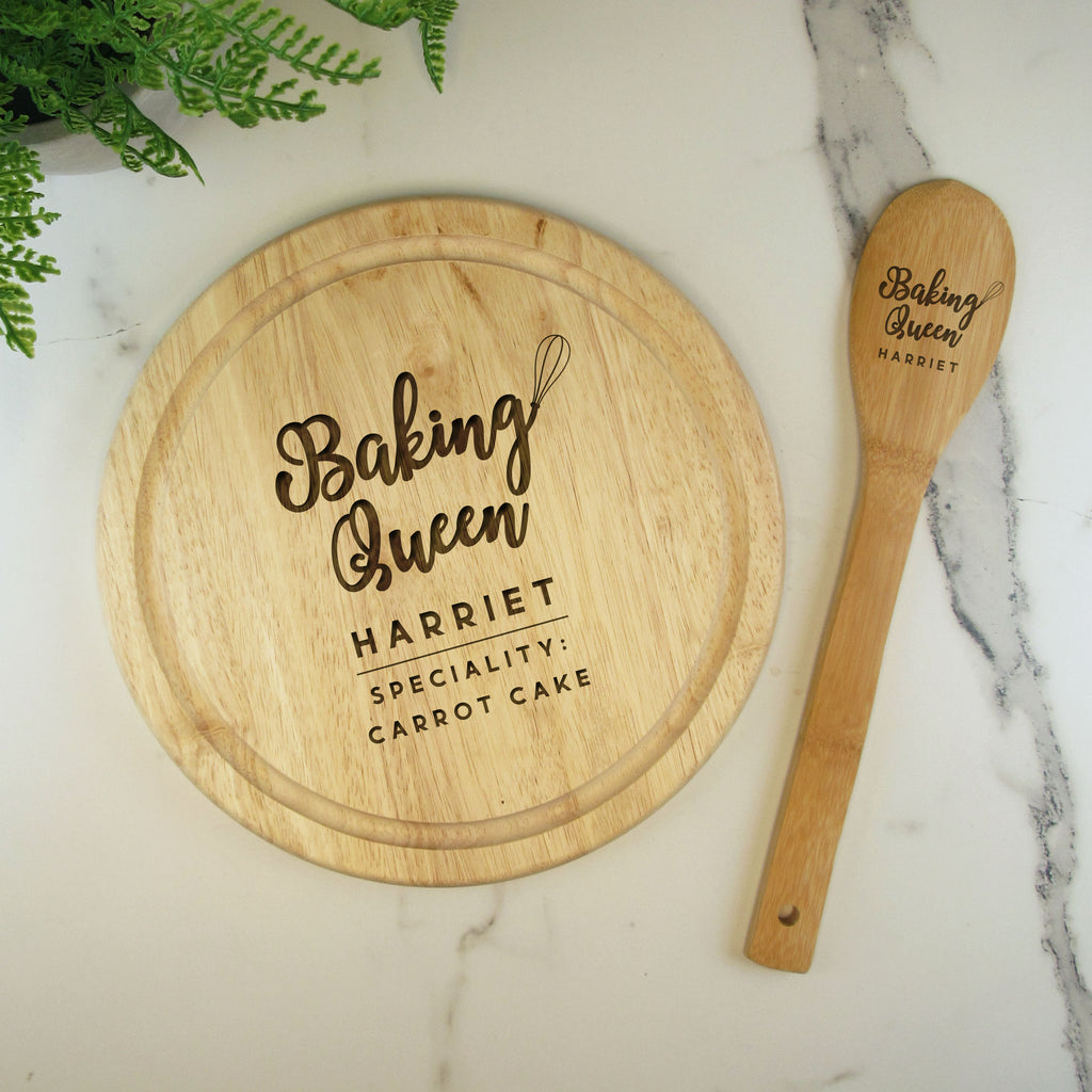 Personalised Adults 'Baking Queen' Set - Natural Organic Cotton Apron, Wooden 25cm Board & Mixing Spoon