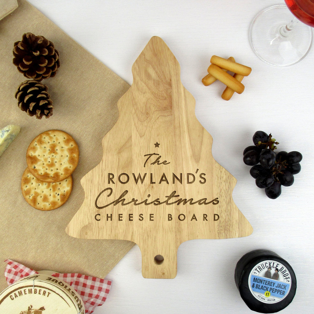 Personalised Family Name Wooden Tree Shaped Christmas Cheese Board