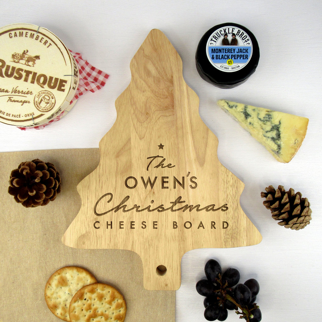 Personalised Family Name Wooden Tree Shaped Christmas Cheese Board