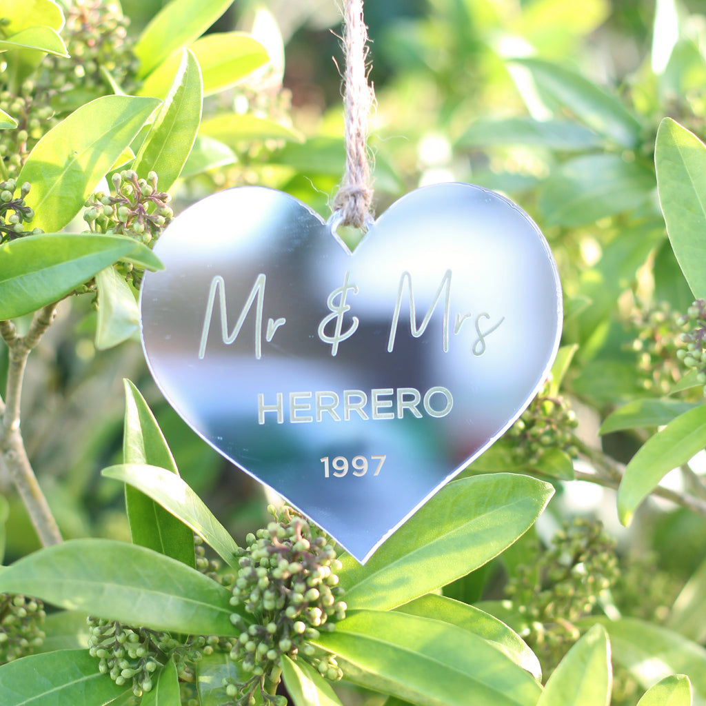 Personalised Silver 'Mr & Mrs' Mirrored Heart Decoration - 25th Wedding Anniversary