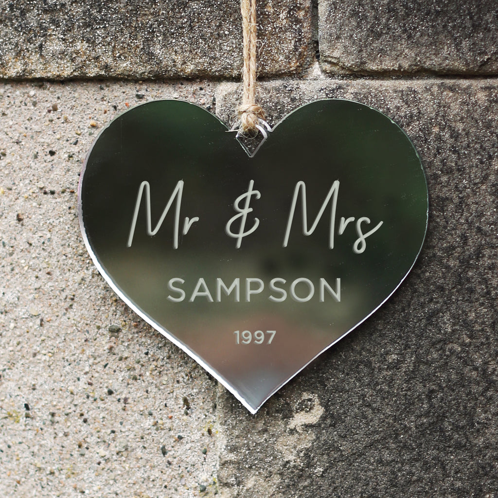 Personalised Silver 'Mr & Mrs' Mirrored Heart Decoration - 25th Wedding Anniversary