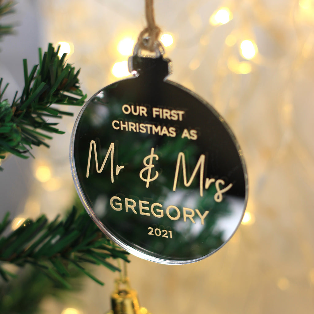 Personalised 'Our First Christmas Mr & Mrs' Silver Mirrored Bauble