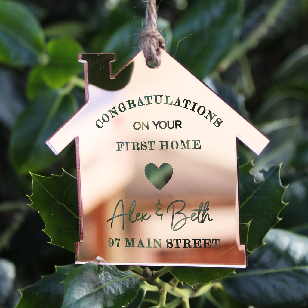 Personalised Acrylic 'Congratulations First Home' Mirrored Hanging Decoration