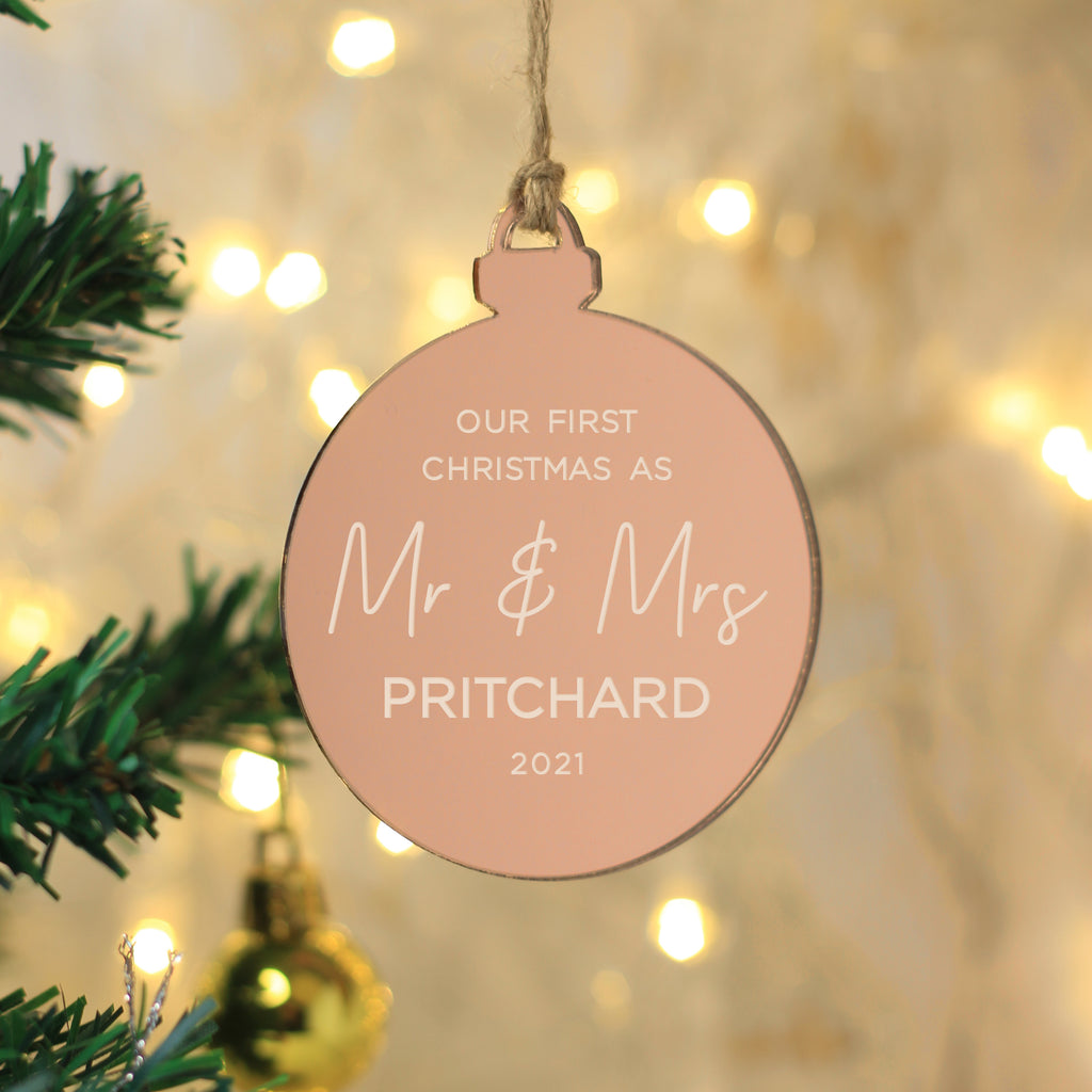 Personalised 'Our First Christmas Mr & Mrs' Silver Mirrored Bauble