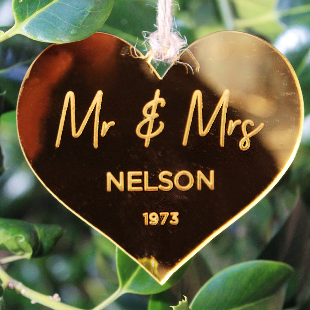 Personalised Gold 'Mr & Mrs' Mirrored Heart Decoration - 50th Wedding Anniversary