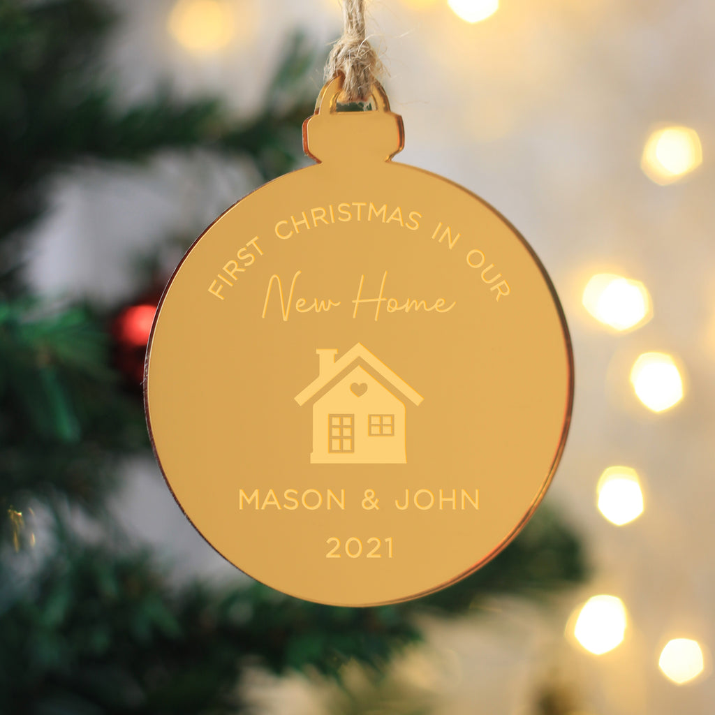 Personalised 'First Christmas in Our New Home' Rose Gold Mirror Bauble