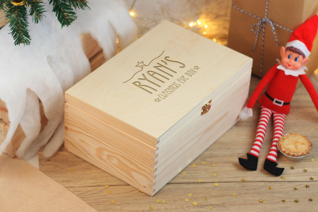 Personalised Large Wooden Christmas Eve Box with Name & Stars