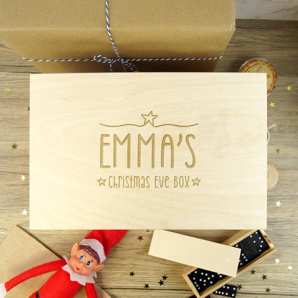 Personalised Large Wooden Christmas Eve Box with Name & Stars