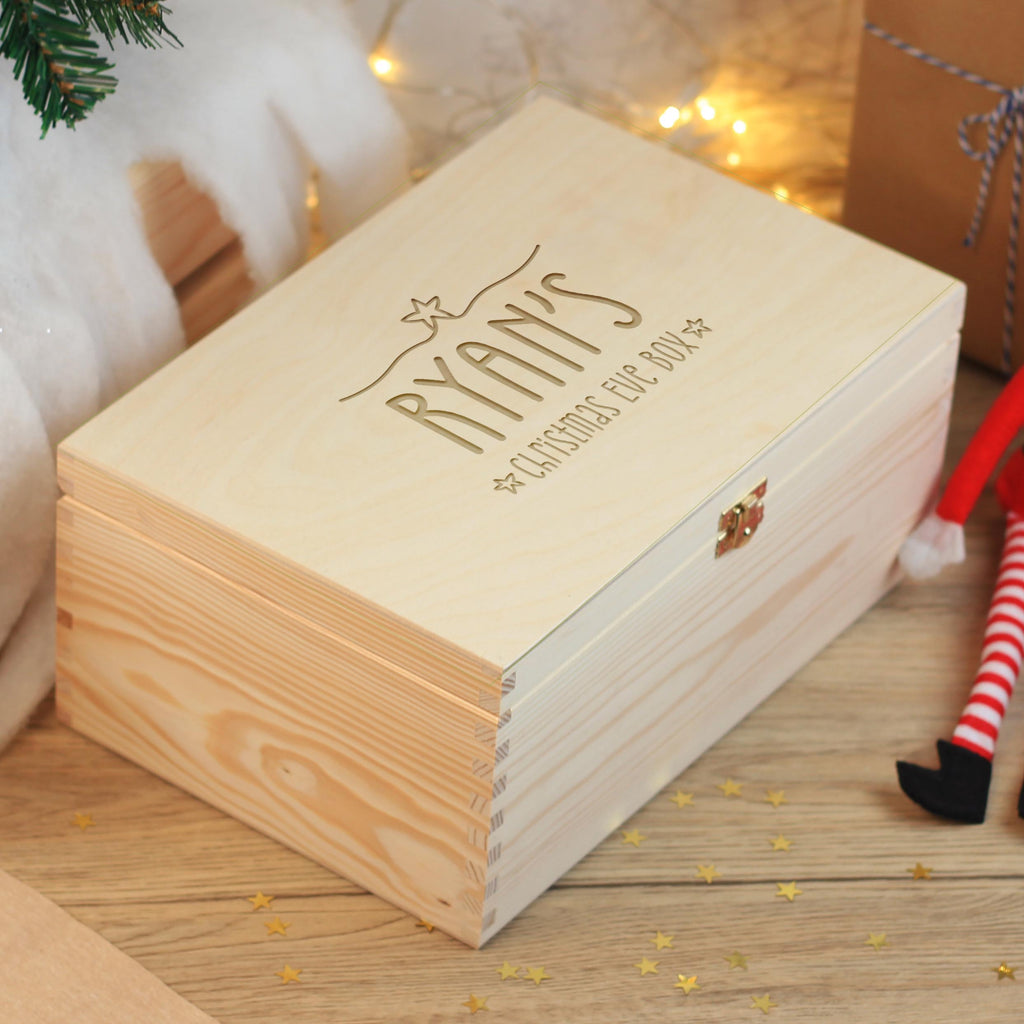 Personalised Large Wooden Christmas Eve Box with Name & Stars