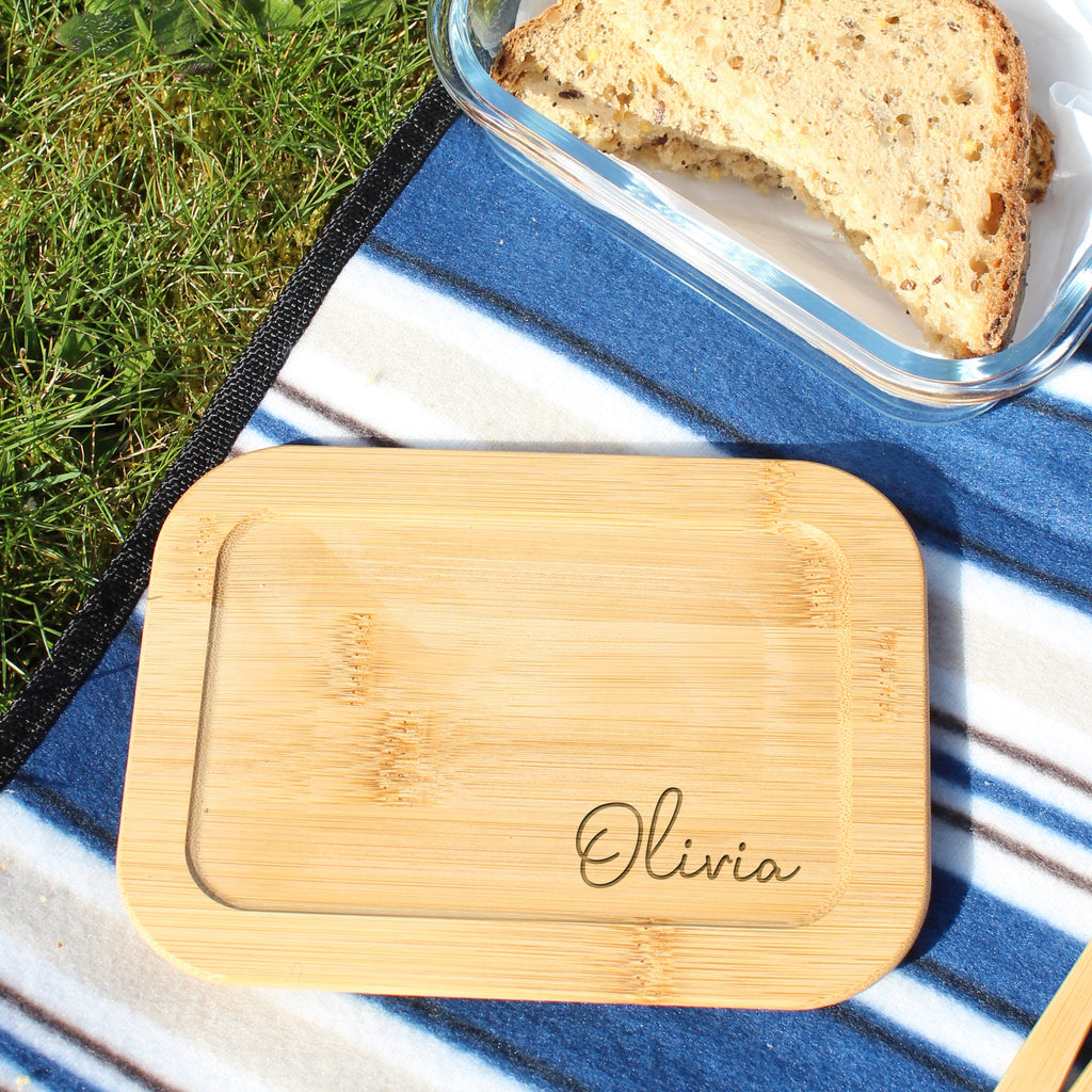 Personalised Bamboo Eco Friendly Glass Lunch Box with Bamboo Fork & Knife