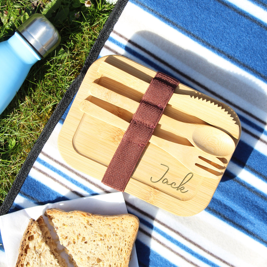 Personalised Bamboo Eco Friendly Glass Lunch Box with Bamboo Fork & Knife