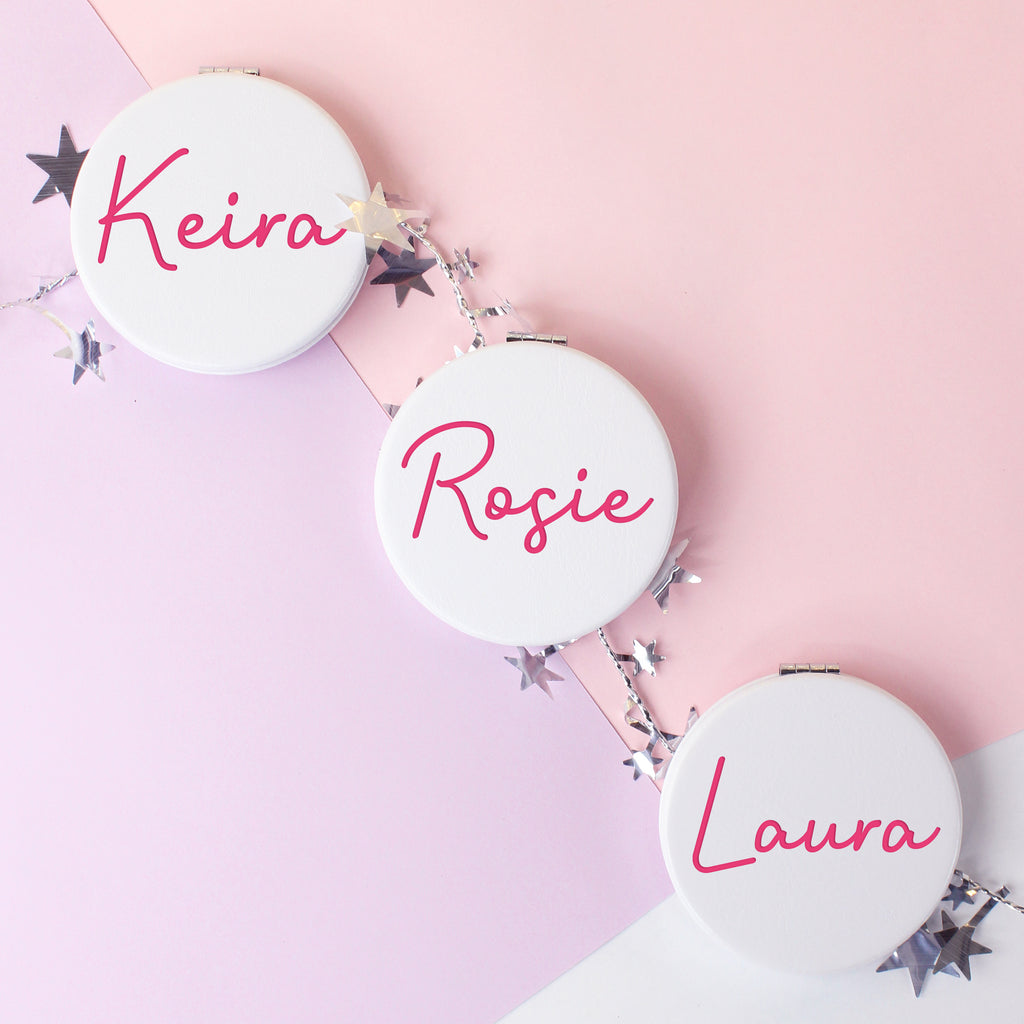 Personalised White Leather Compact Mirror for Hen / Bridal Party - Any Name