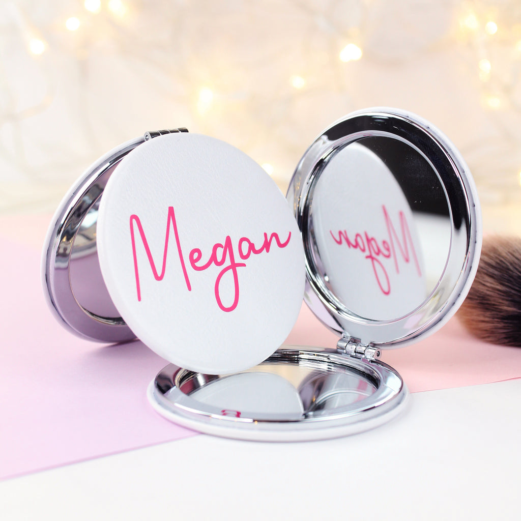 Personalised White Leather Compact Mirror for Hen / Bridal Party - Any Name