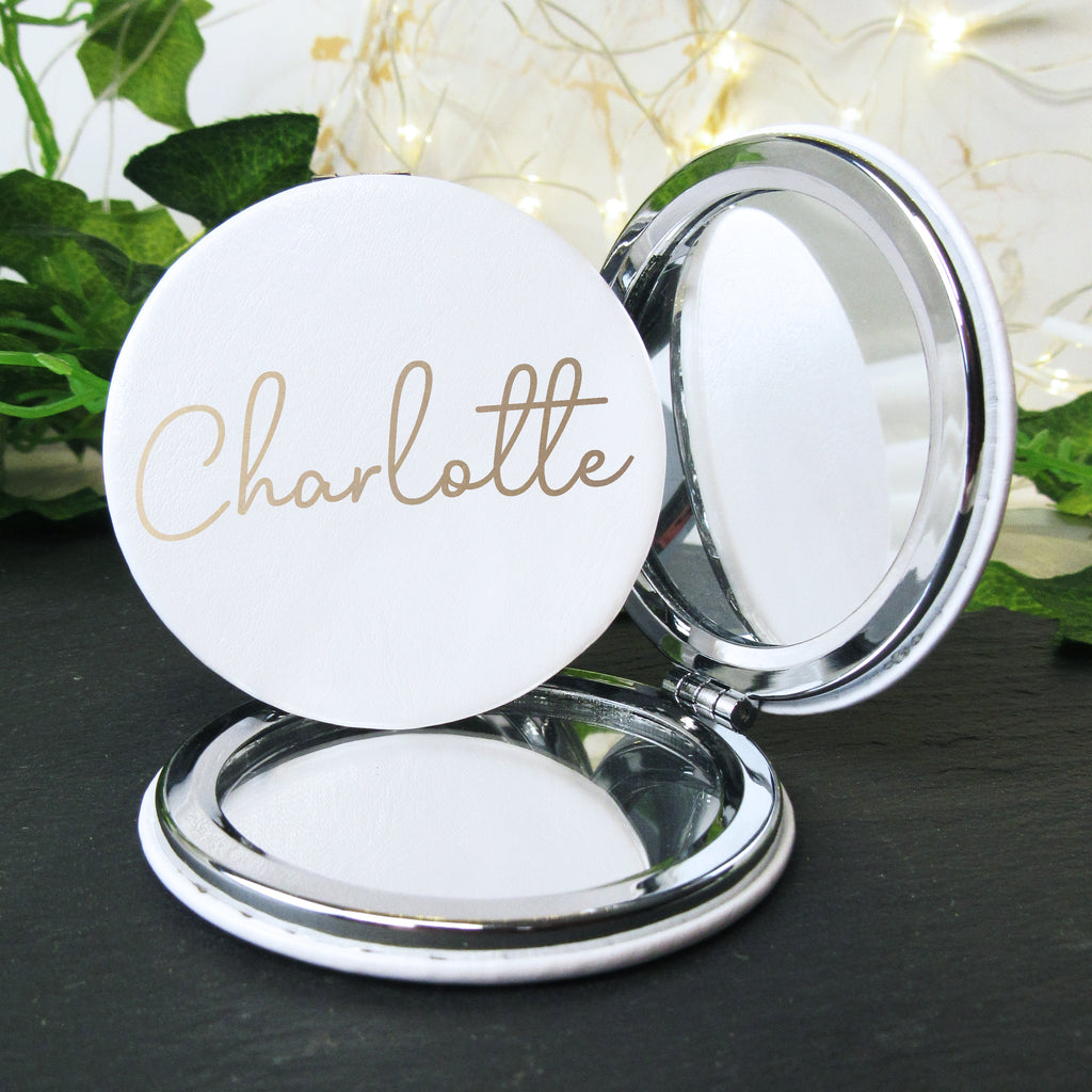 Personalised White Leather Compact Mirror - Any Name