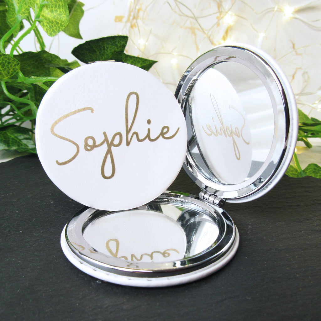 Personalised White Leather Compact Mirror - Any Name