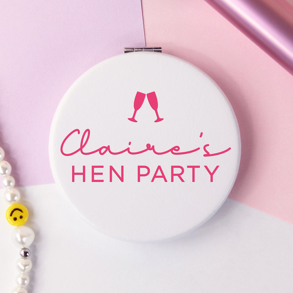 Personalised White "Hen Party" Leather Compact Mirror - Bride's Name