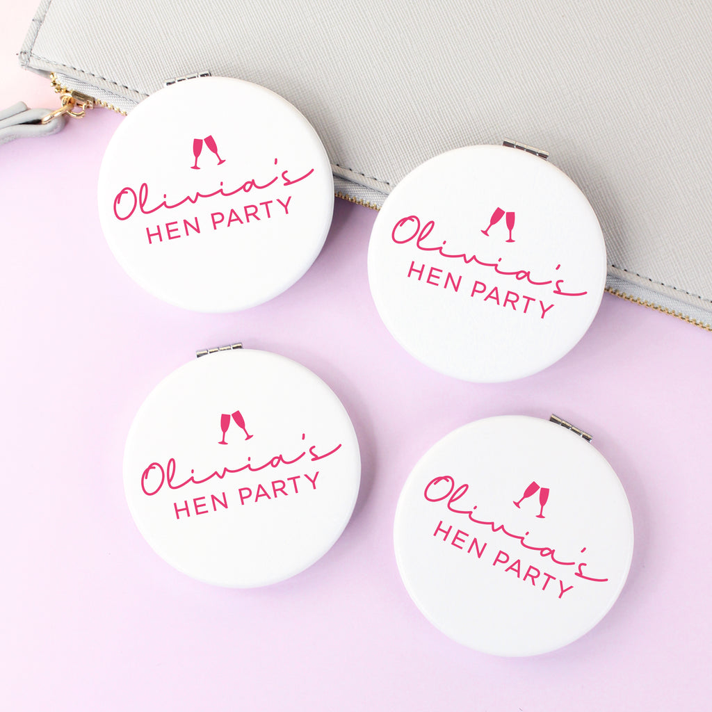 Personalised White "Hen Party" Leather Compact Mirror - Bride's Name