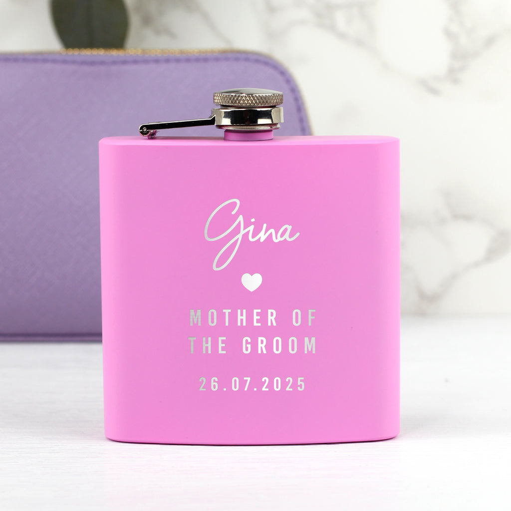 Personalised 6oz Pink Hip Flask for Bridesmaids, Mother of the Bride / Groom, Maid Of Honour