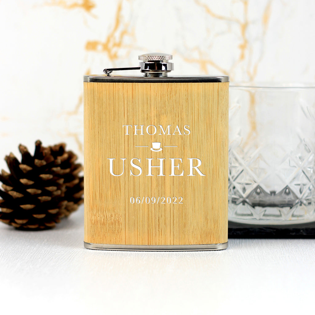 Personalised 6oz Bamboo Wedding Role Hip Flask for Men