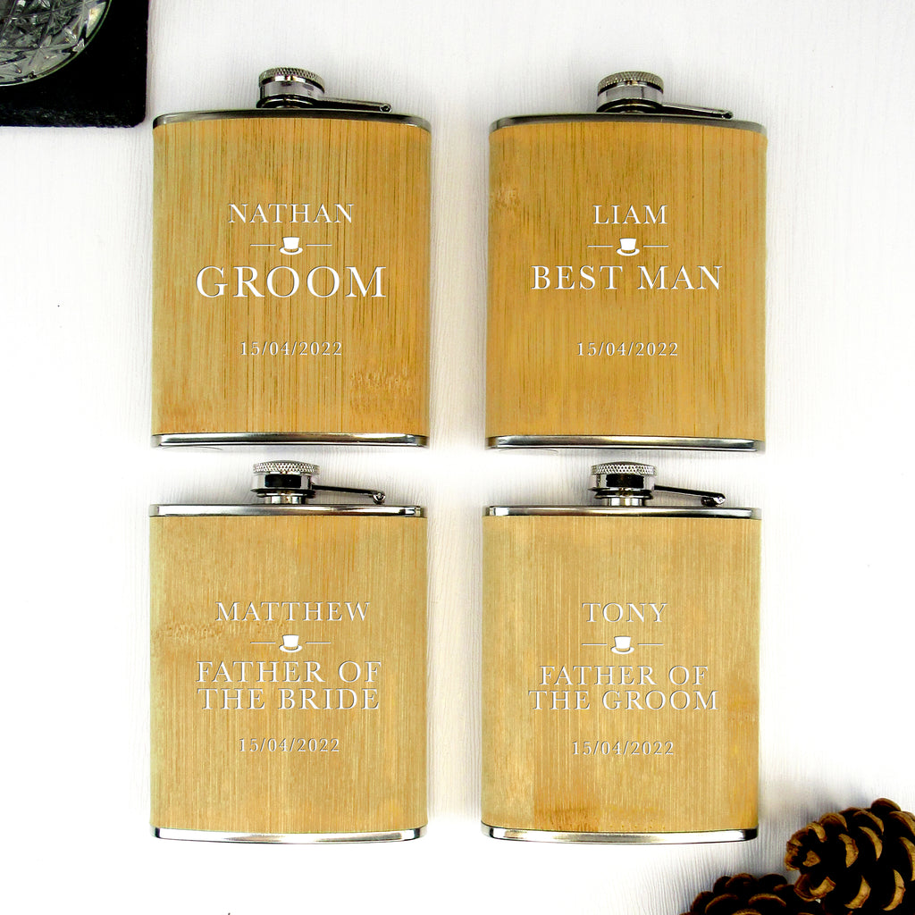Personalised 6oz Bamboo Wedding Role Hip Flask for Men
