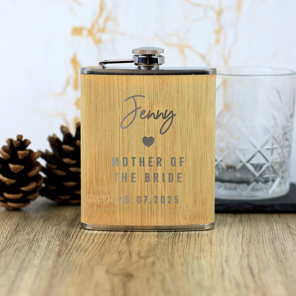 Personalised 6oz Bamboo Hip Flask for Bridesmaids, Mother of the Bride / Groom, Maid Of Honour