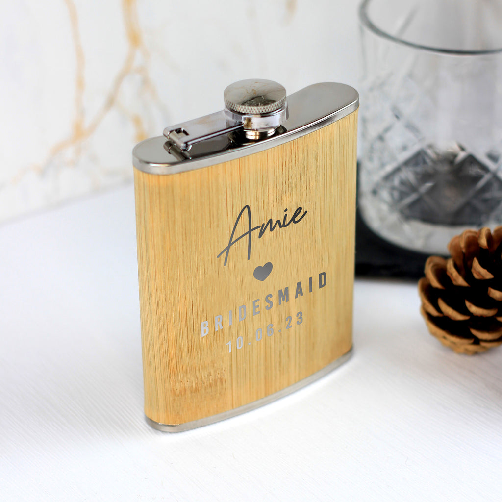 Personalised 6oz Bamboo Hip Flask for Bridesmaids, Mother of the Bride / Groom, Maid Of Honour
