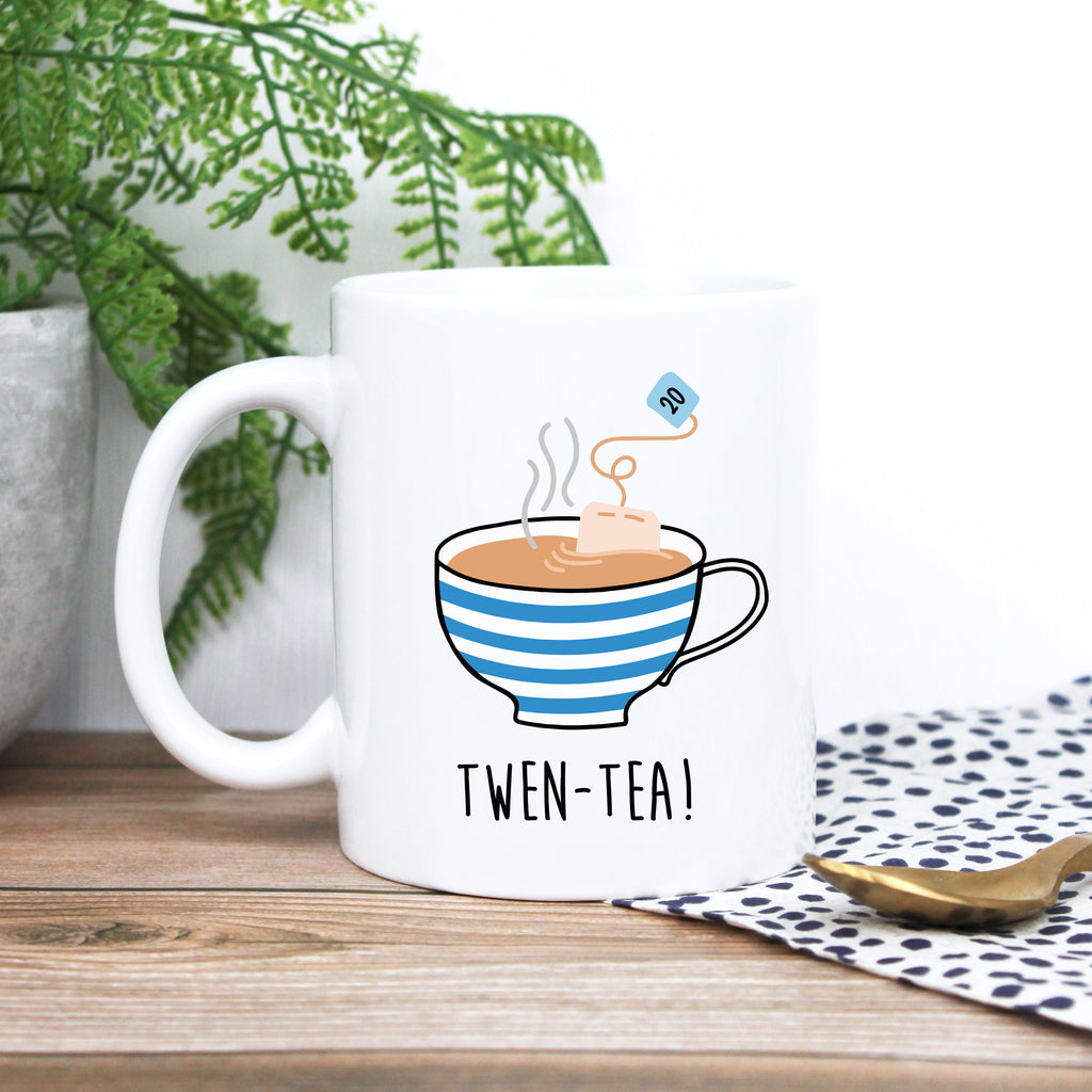 Printed Colour Coffee Mug Cup "TWEN-TEA" Design, 20th Birthday Gift
