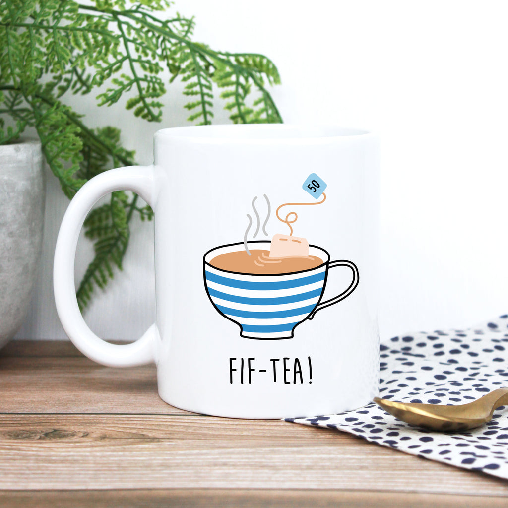 Printed Colour Coffee Mug Cup "FIF-TEA" Design, 50th Birthday Gift for Him