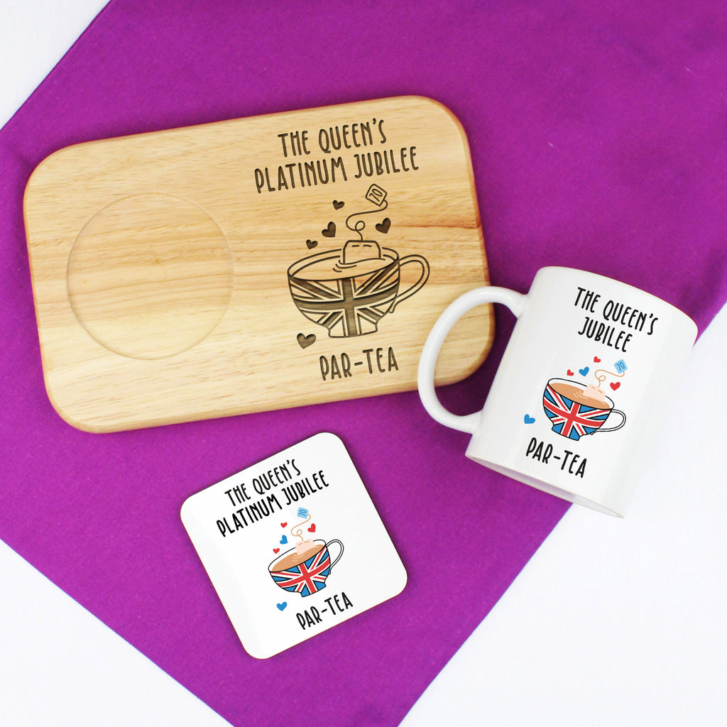 The Queen's Platinum Jubilee Par-Tea Tea & Biscuits Board with Coffee Mug & Coaster Option,