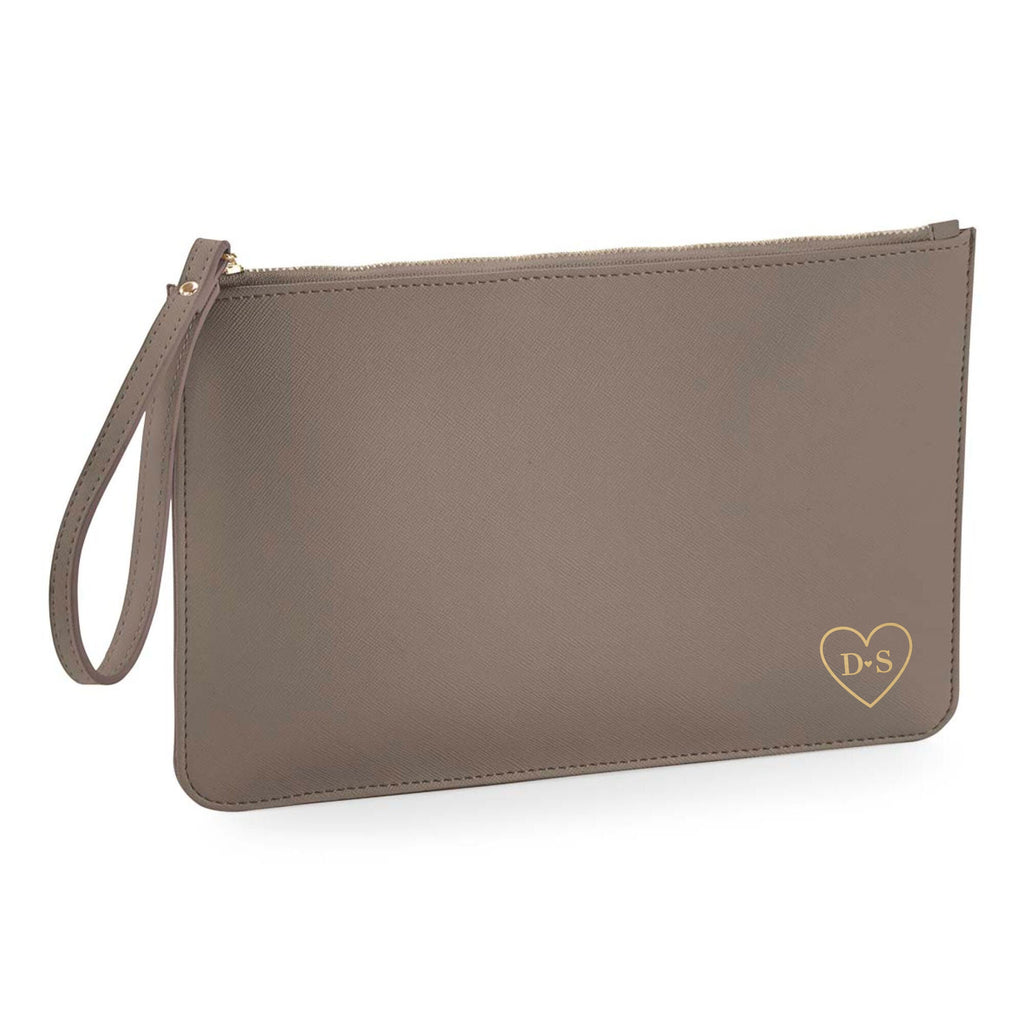 Personalised Monogrammed PU Leather Clutch Bag with Wristlet - Initials & Heart