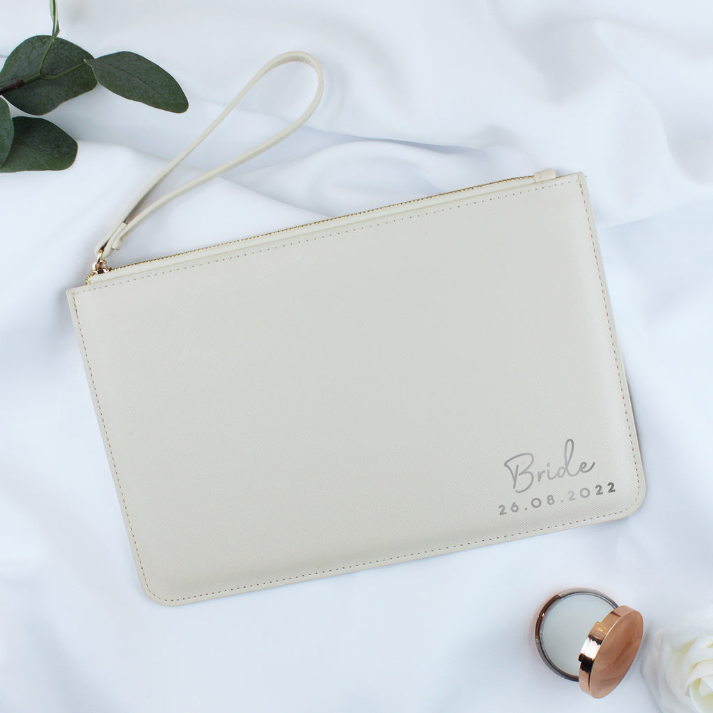 Personalised PU Leather Clutch Bag with Wristlet - Married Name & Date