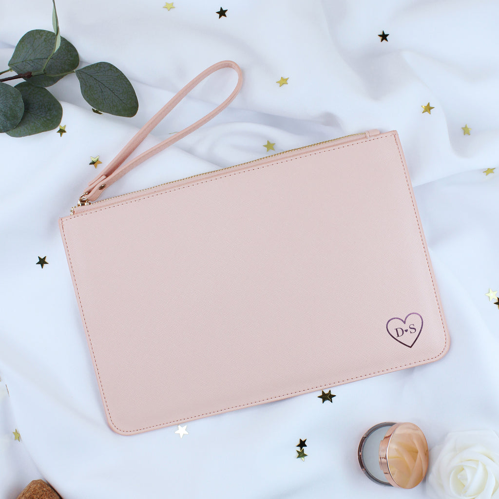 Personalised Monogrammed PU Leather Clutch Bag with Wristlet - Initials & Heart