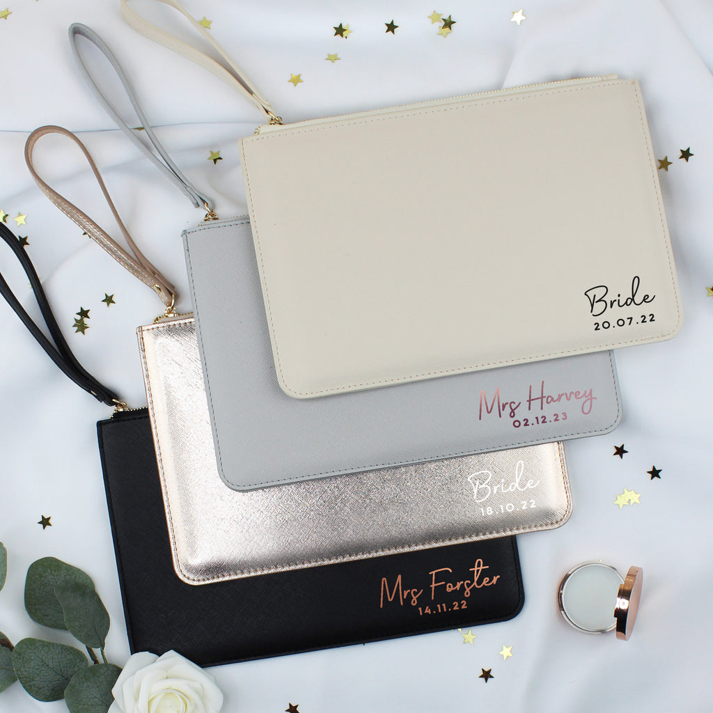 Personalised PU Leather Clutch Bag with Wristlet - Married Name & Date