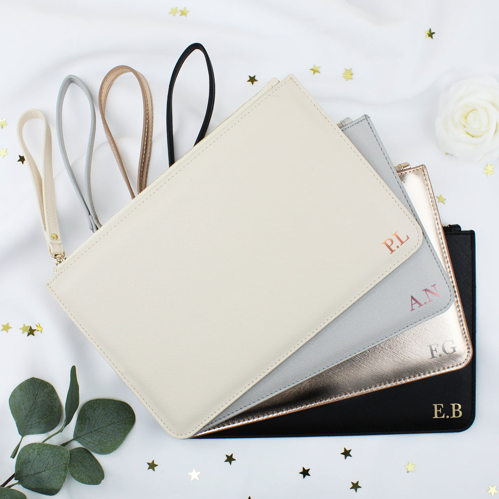 Personalised Monogrammed PU Leather Clutch Bag with Wristlet - Any Initials